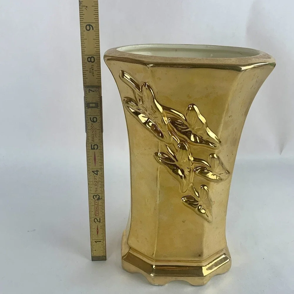 Vintage Gold Glaze Vase MCM Decor Ivy Leaf Flowers Wedding Holiday Metallic